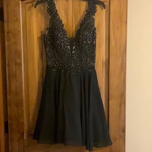 Black Plunge Neckline Embellished Cocktail Dress